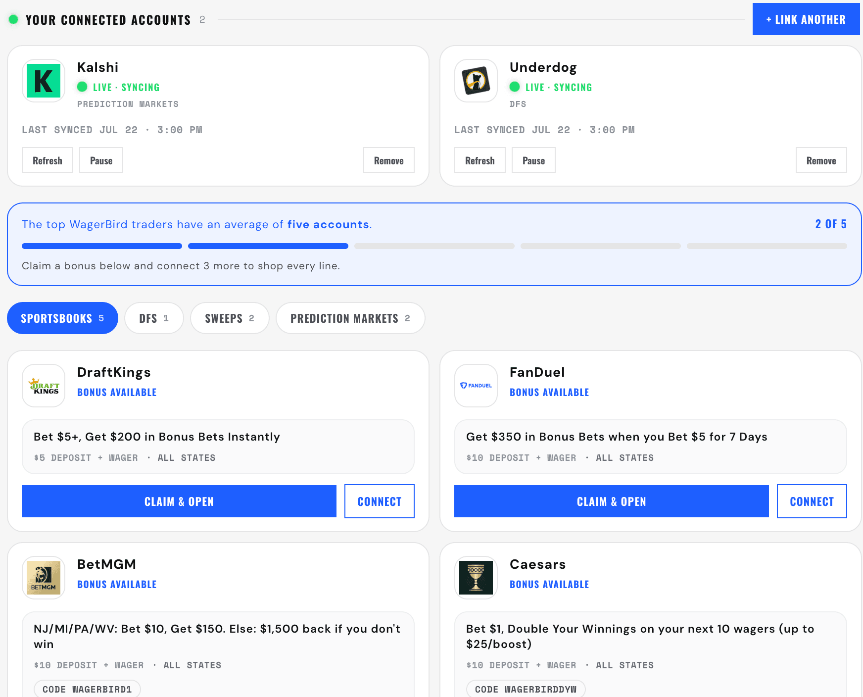 Terminal Booksync connected accounts and sportsbook offers.