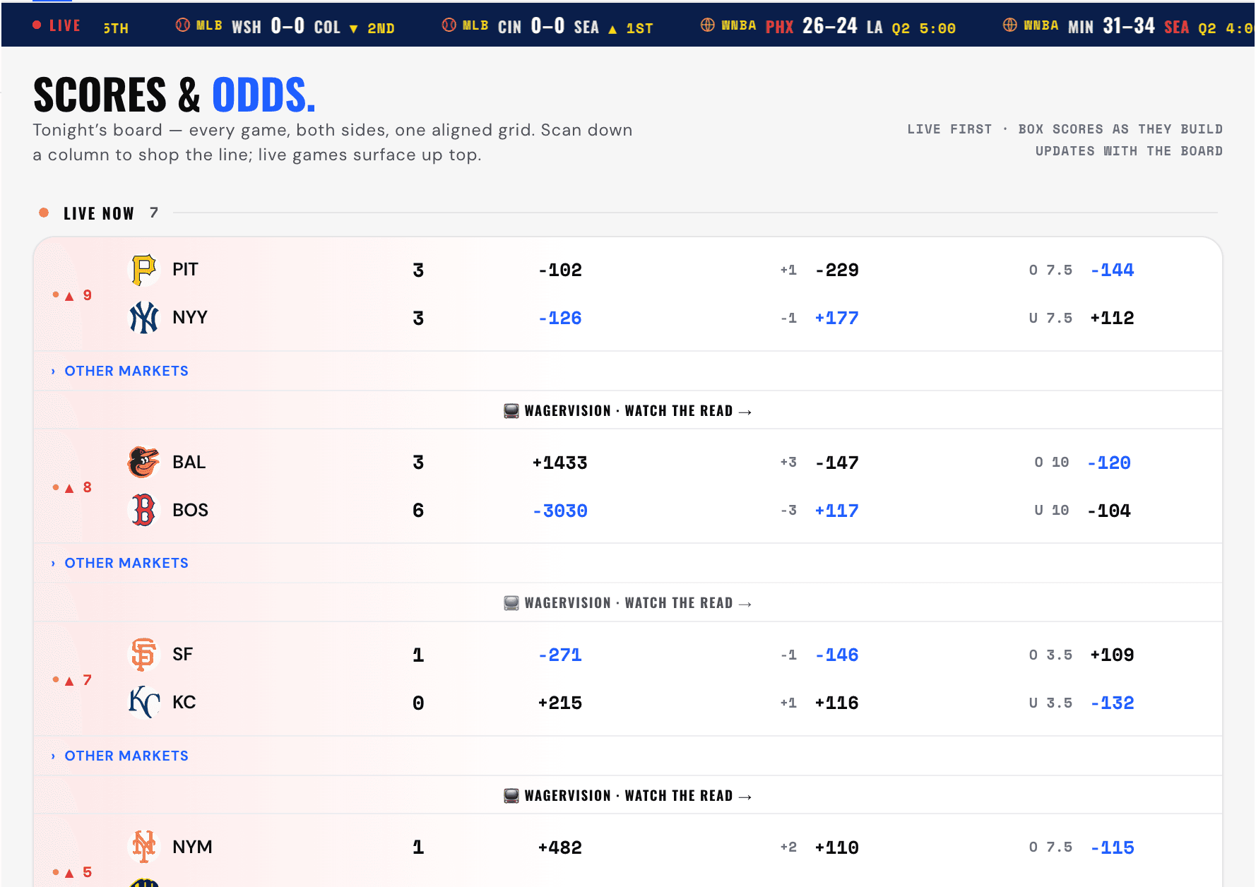 Terminal Scores and Odds grid with live MLB and WNBA lines.