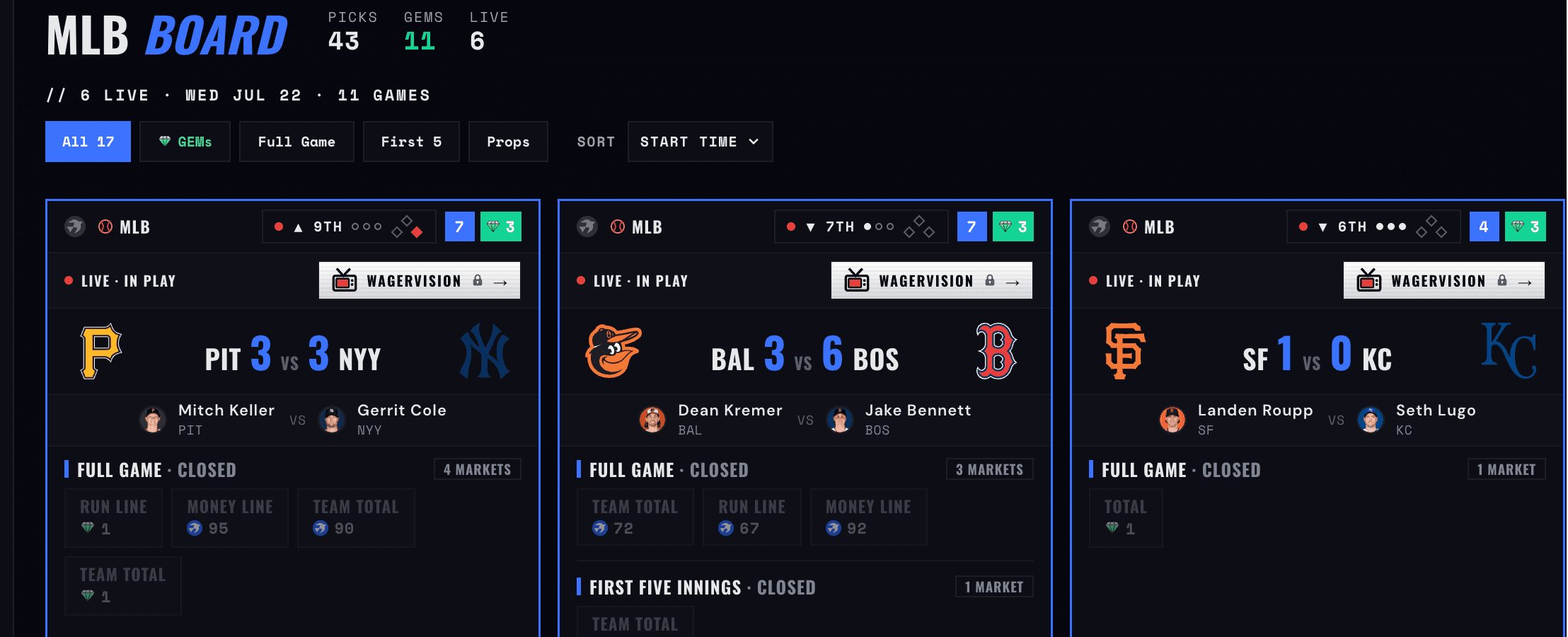 Terminal board in dark mode with scored markets.