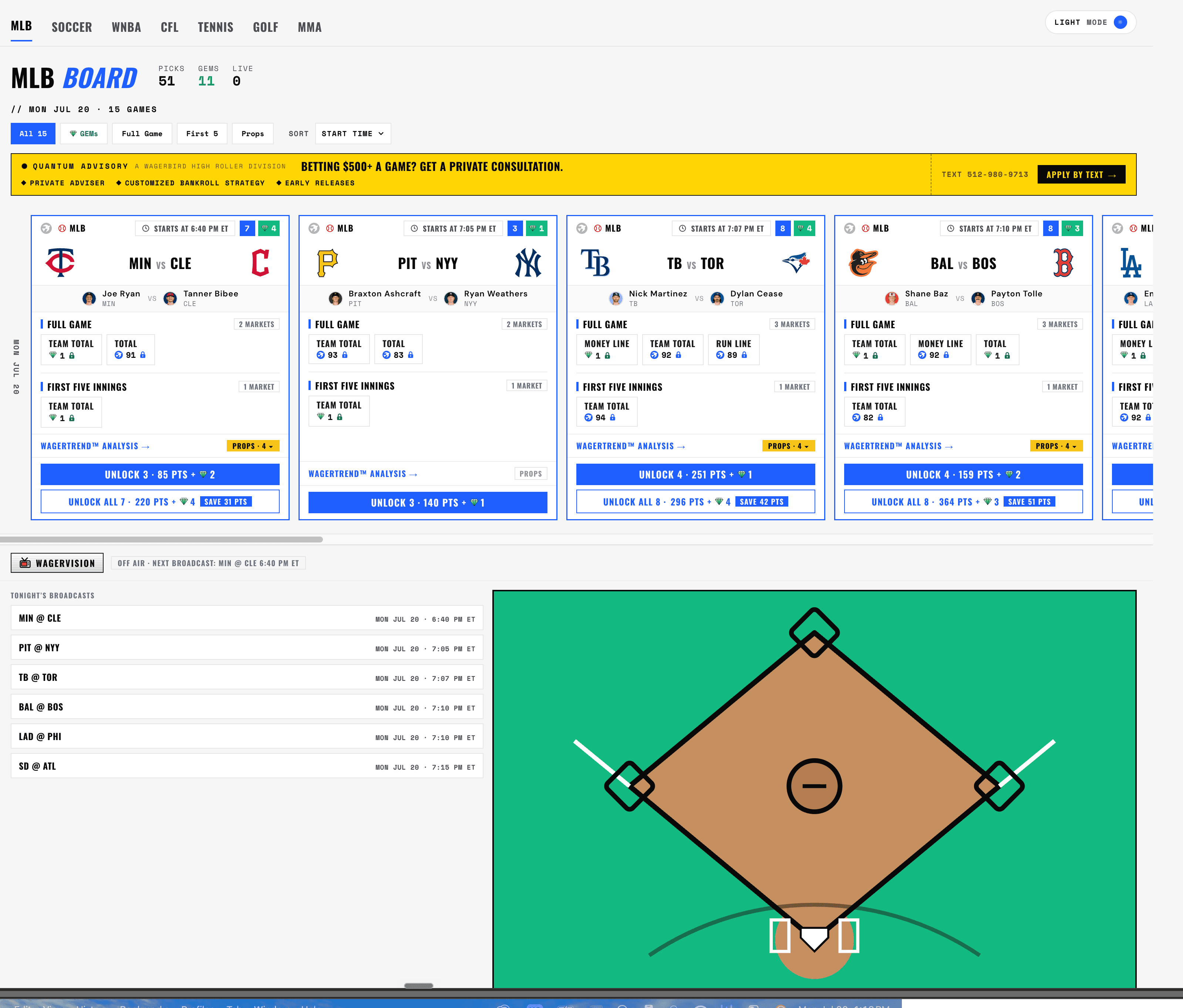 Updated WagerBird Terminal MLB board