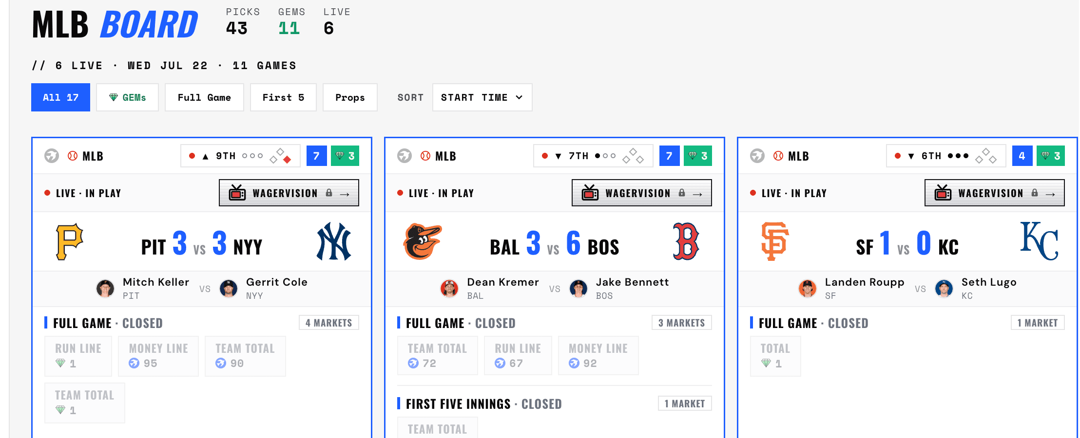 Terminal board in light mode with scored markets.