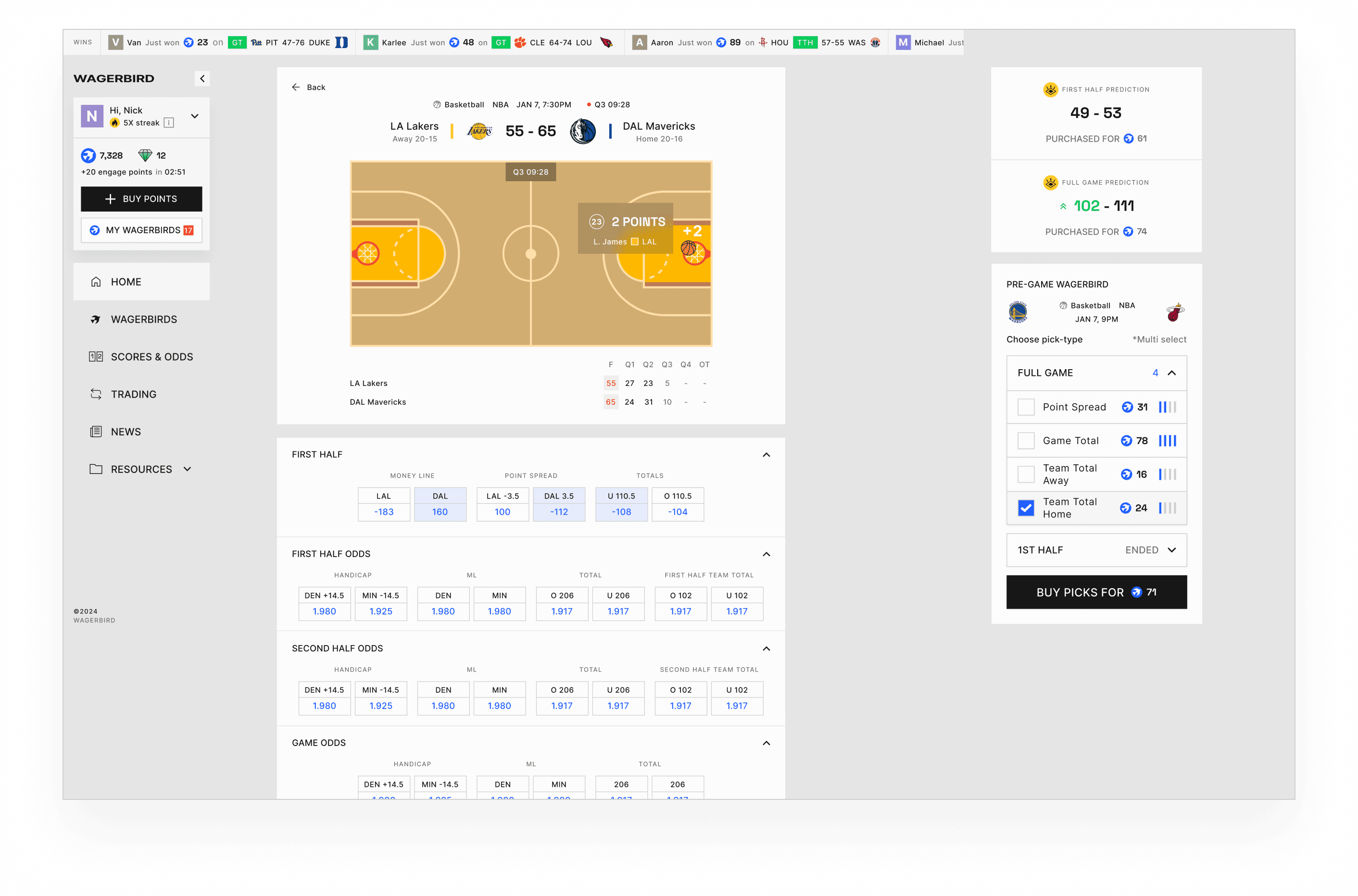 Terminal desktop showing the NBA slate.