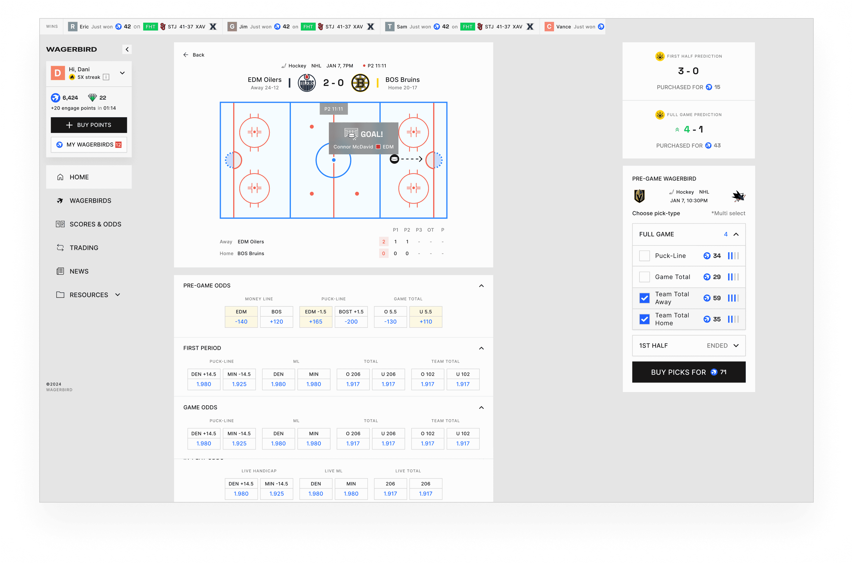 Terminal desktop showing the NHL slate.