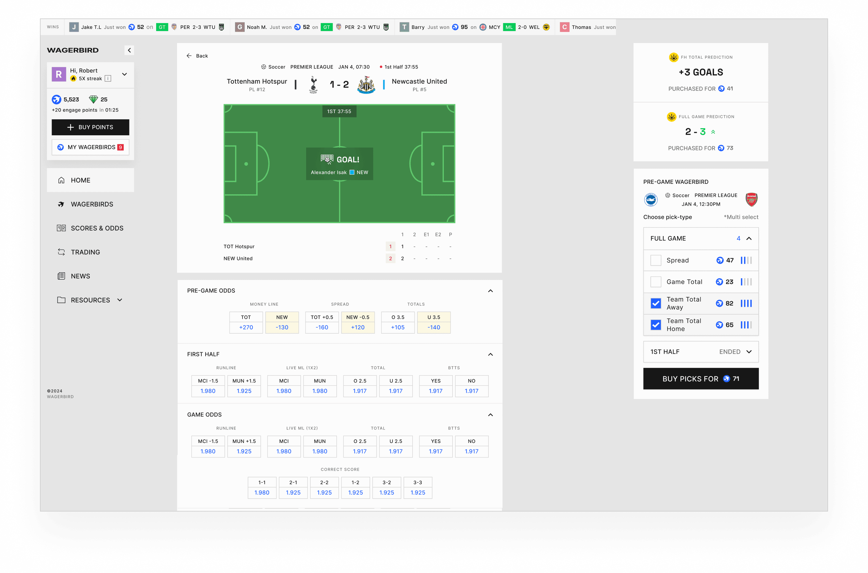 Terminal desktop showing soccer coverage including European fixtures.