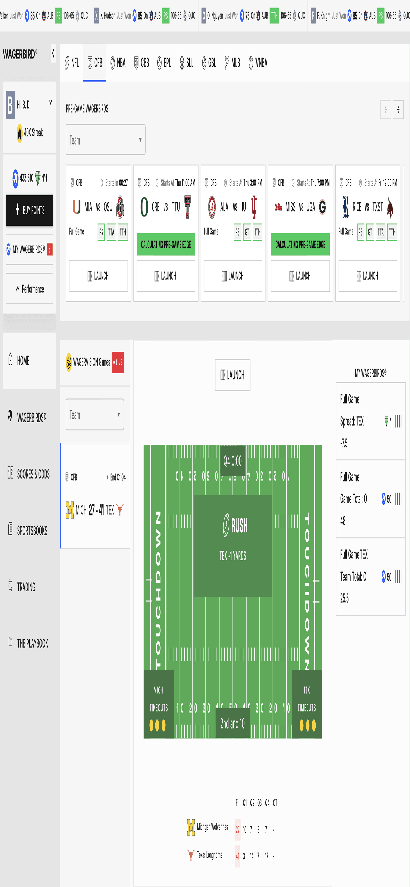Terminal mobile showing the college football slate.