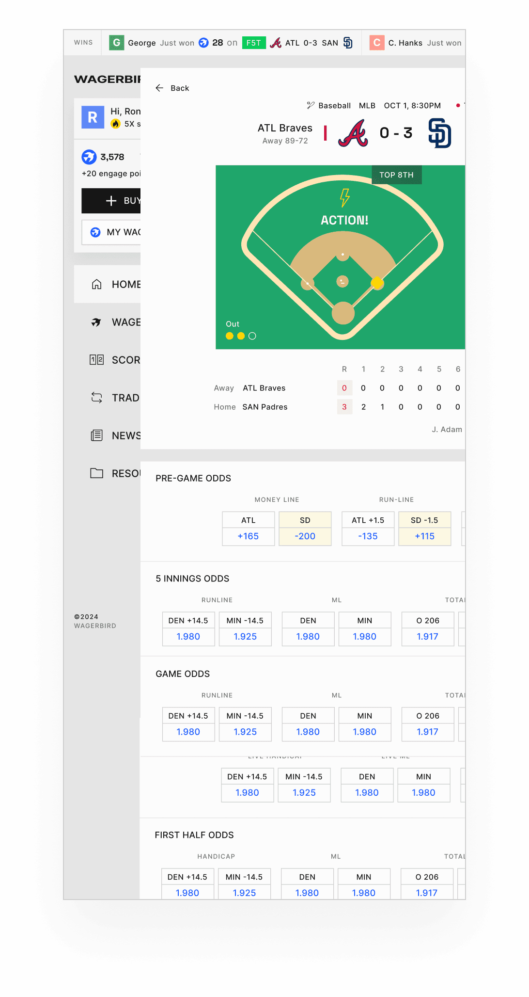 Terminal mobile showing the MLB slate for tonight.