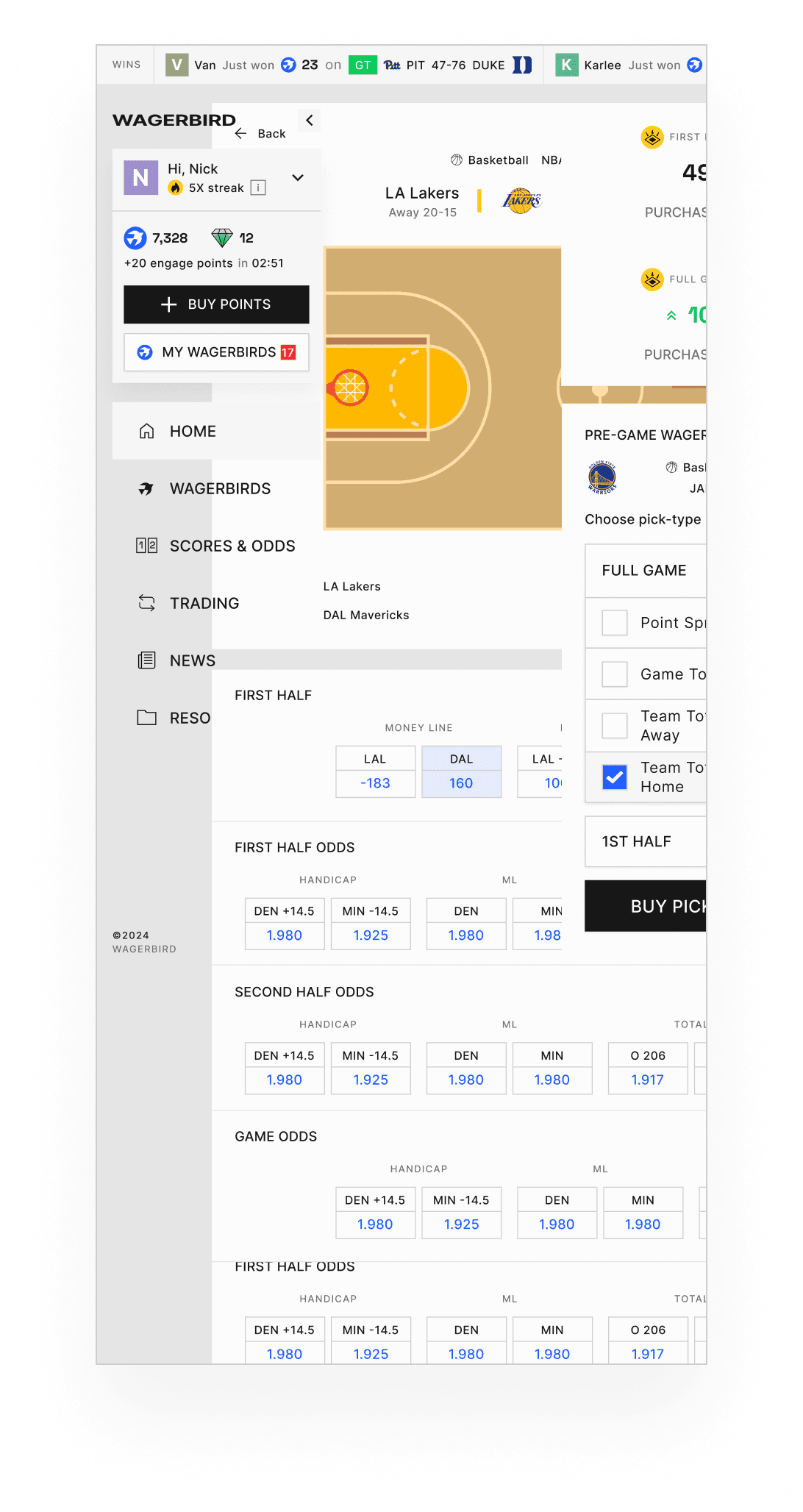 Terminal mobile showing the NBA slate.