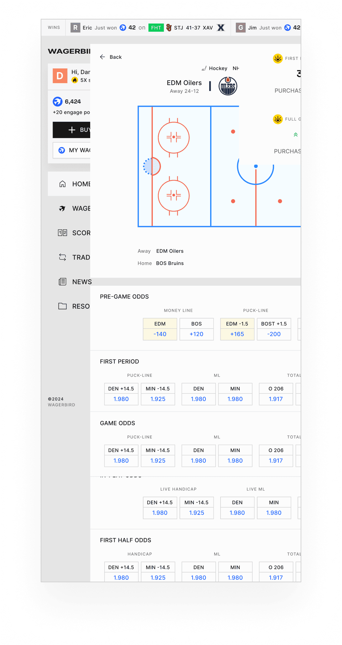 Terminal mobile showing the NHL slate.