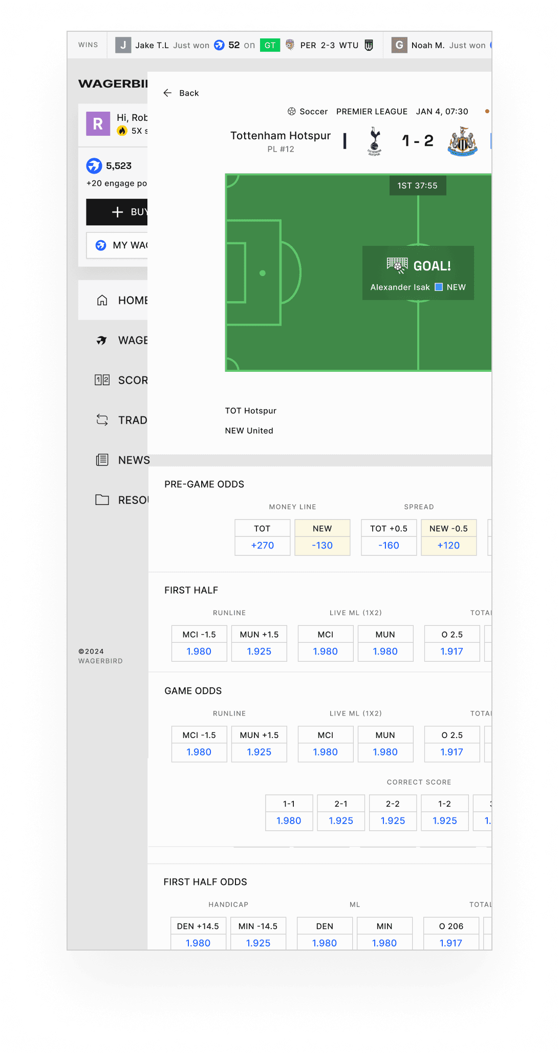 Terminal mobile showing soccer coverage including European fixtures.