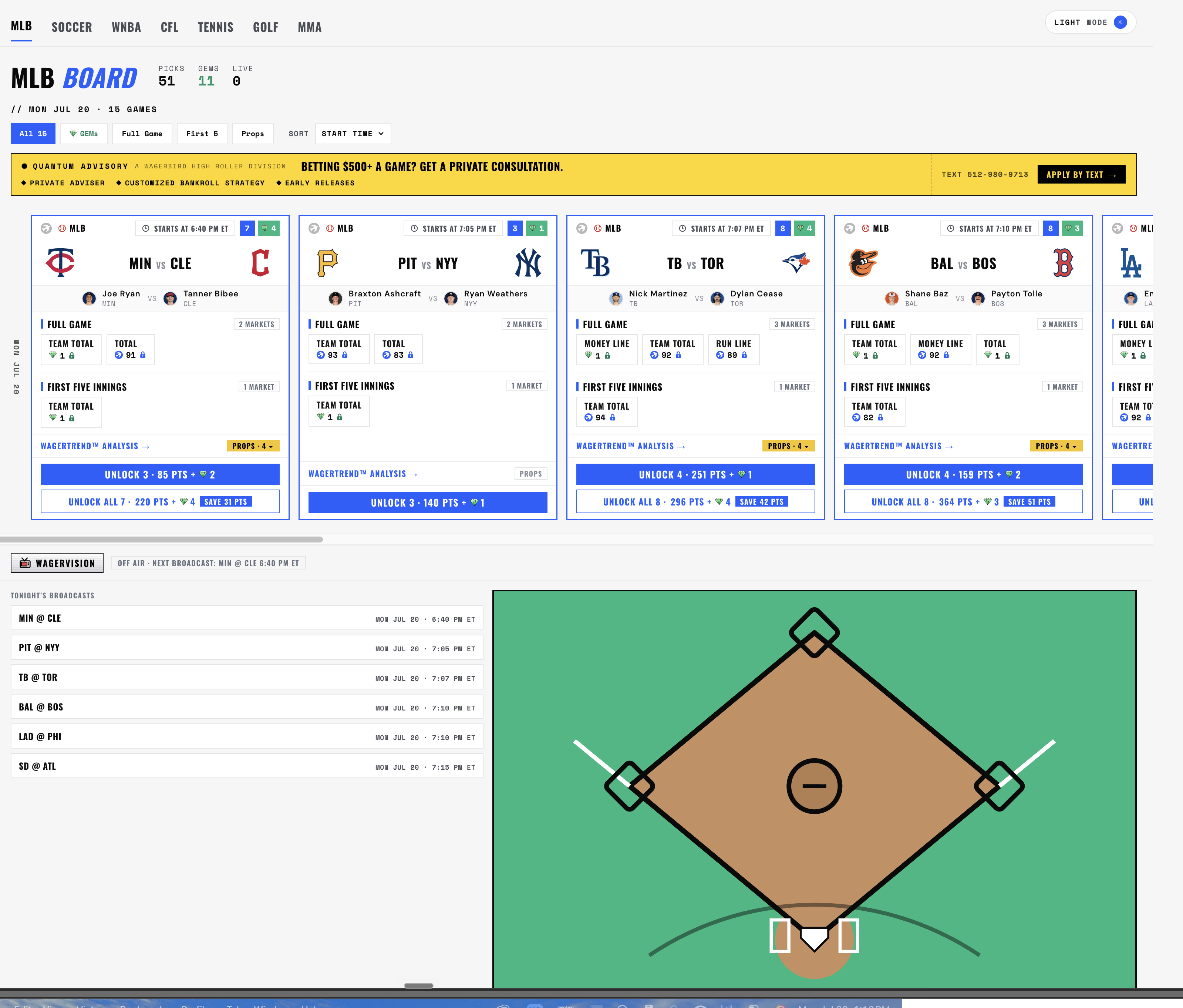 WagerBird Terminal dashboard — full MLB board