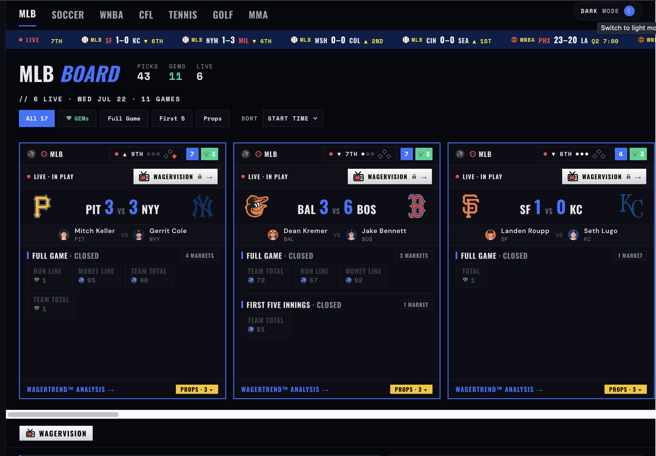 The WagerBird Terminal in dark mode showing the same scored MLB board.