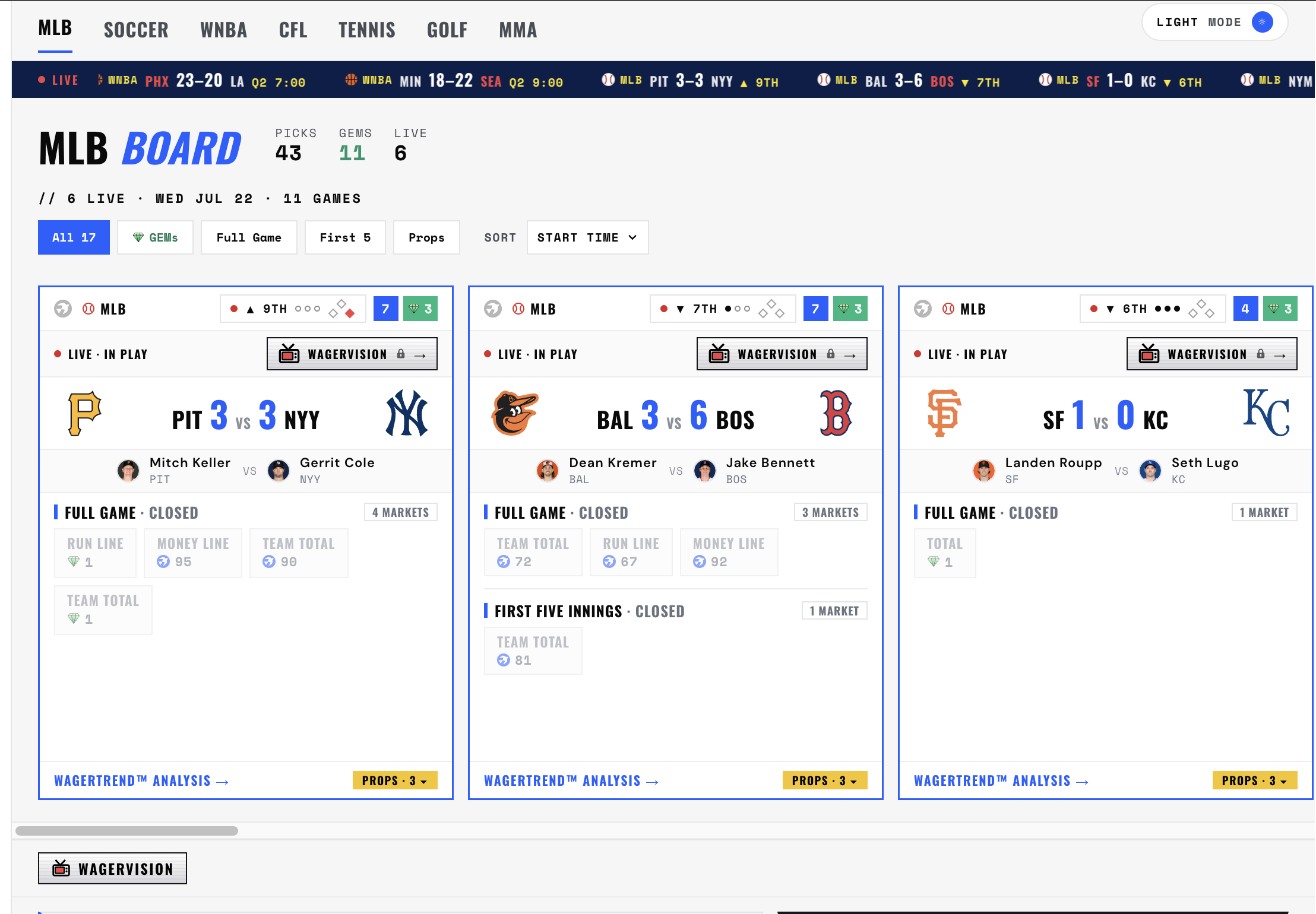 The WagerBird Terminal in light mode showing the full scored MLB board with live games, GEMs, and WagerVision.